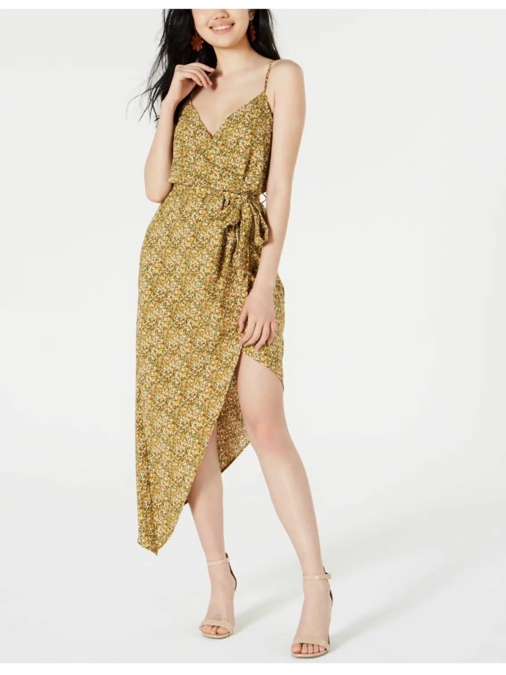 Material Girl Asymmetrical Hem Side Tie Green Floral Wrap Dress Size Large